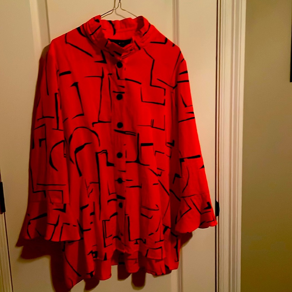 Ali Miles Red Black Abstract Print Button Front Shirt Size 1X